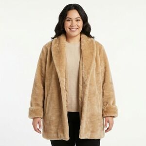Vintage Faux Fur Shawl Collar Coat Honey Beige Made in USA L Mob Wife Glam